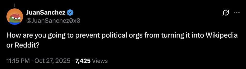 A Grokipedia meme tweet asking how the platform will prevent political organizations from taking it over like Wikipedia/Reddit.