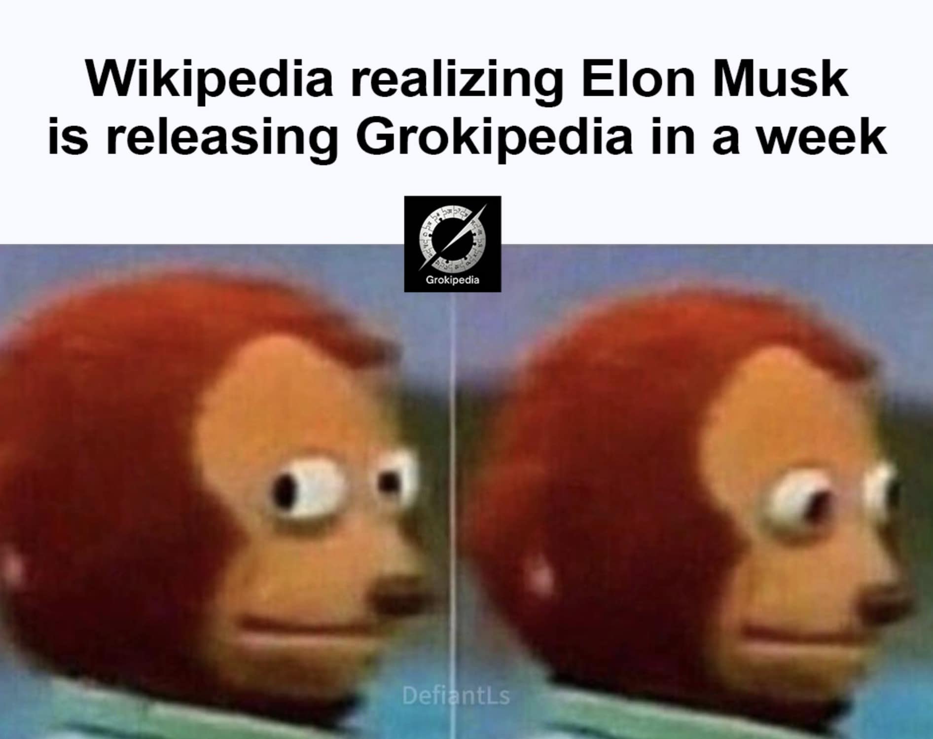 The side-eye monkey puppet Grokipedia meme showing Wikipedia's nervous reaction to the upcoming launch announcement