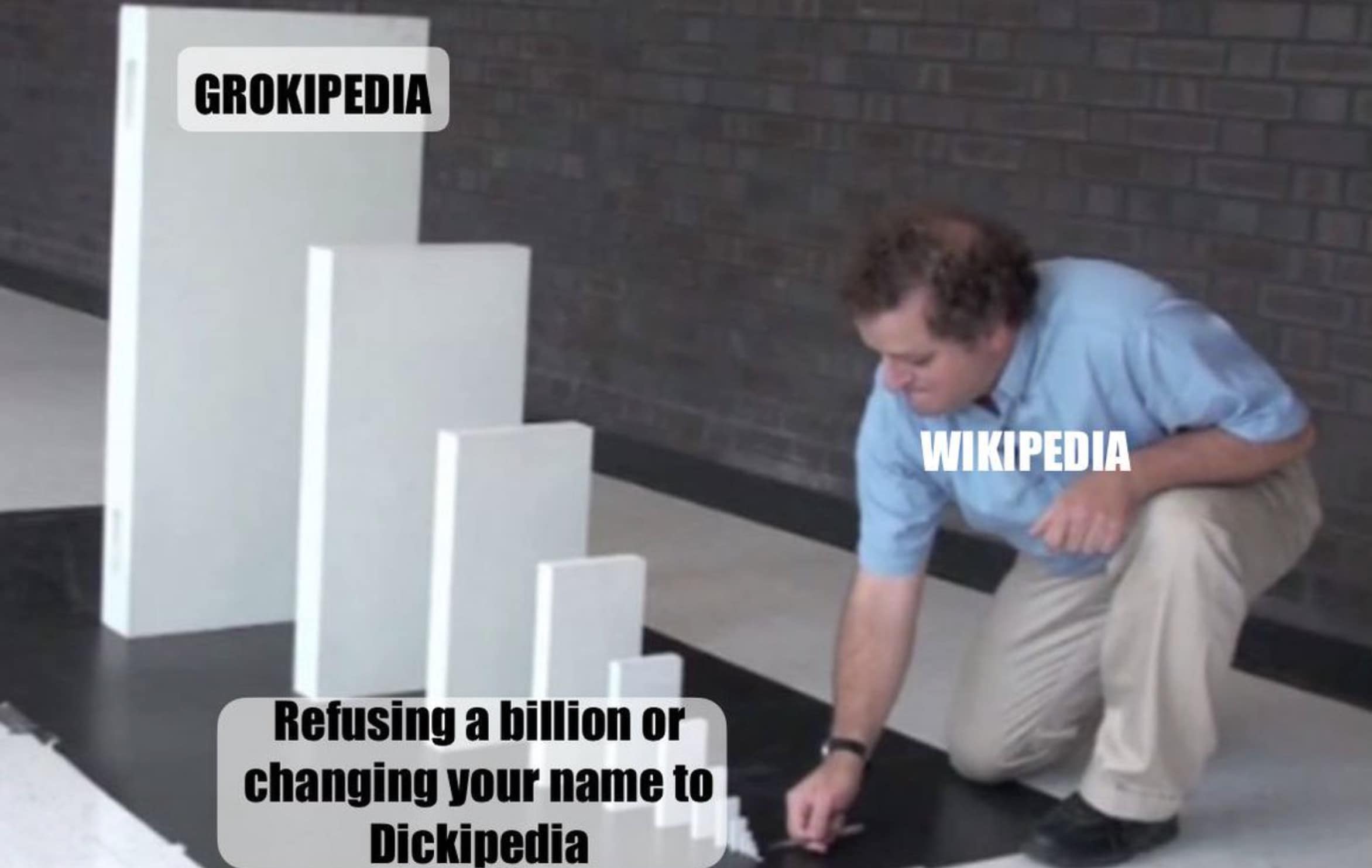 Domino effect Grokipedia meme linking Wikipedia refusing Musk's offer to the creation of Grokipedia