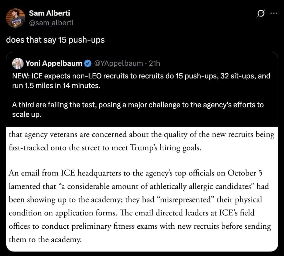 Funny tweet mocking the extremely low physical fitness standards required for new ICE recruits.