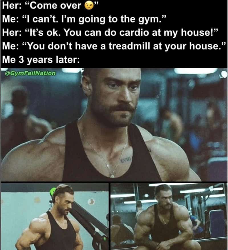 Funny gym meme about misunderstanding "cardio at my house" leading to massive muscle gain over three years.