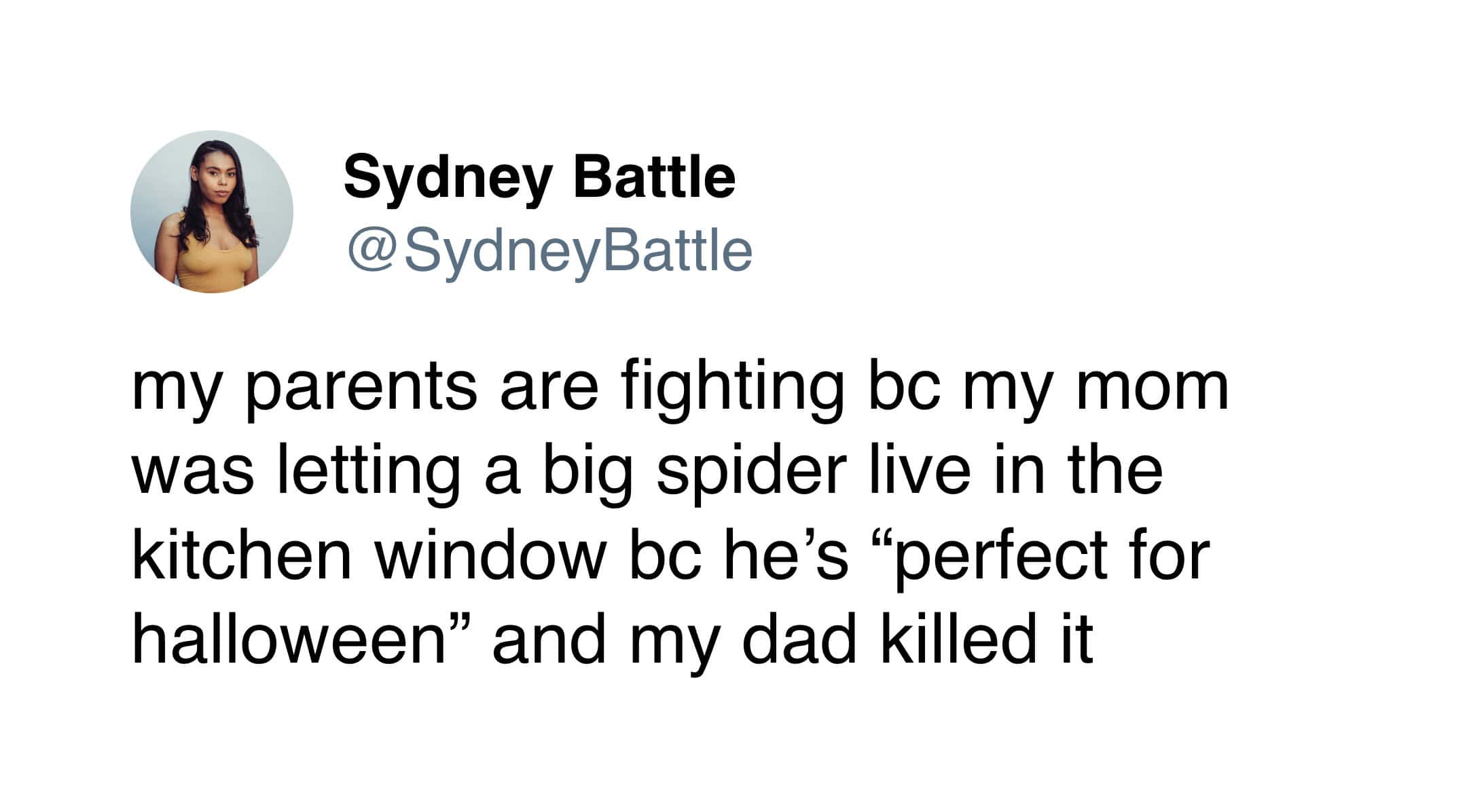 Funny Halloween tweet about parents fighting because dad killed mom's decorative kitchen spider.