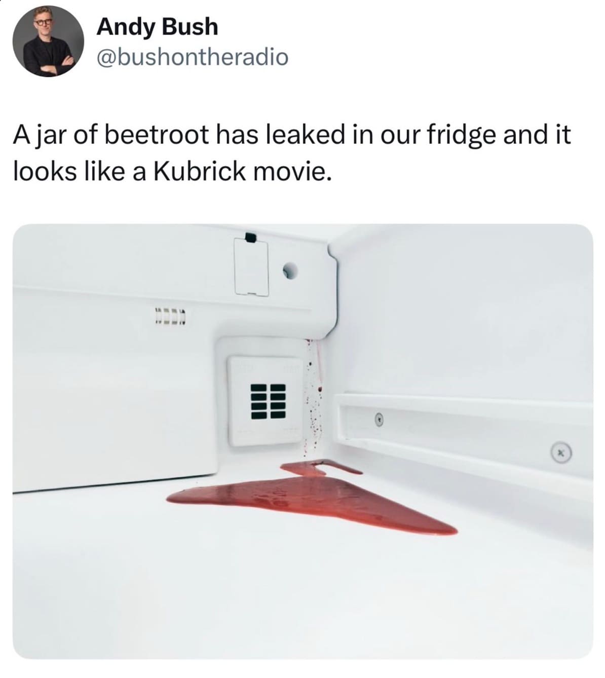 A funny horror movie meme comparing a beetroot juice spill in a fridge to a Stanley Kubrick horror movie.