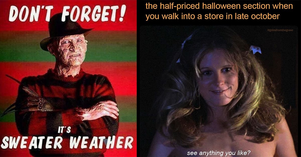A collection of the best horror movie memes celebrating Halloween with slashers, monsters, and spooky jokes.
