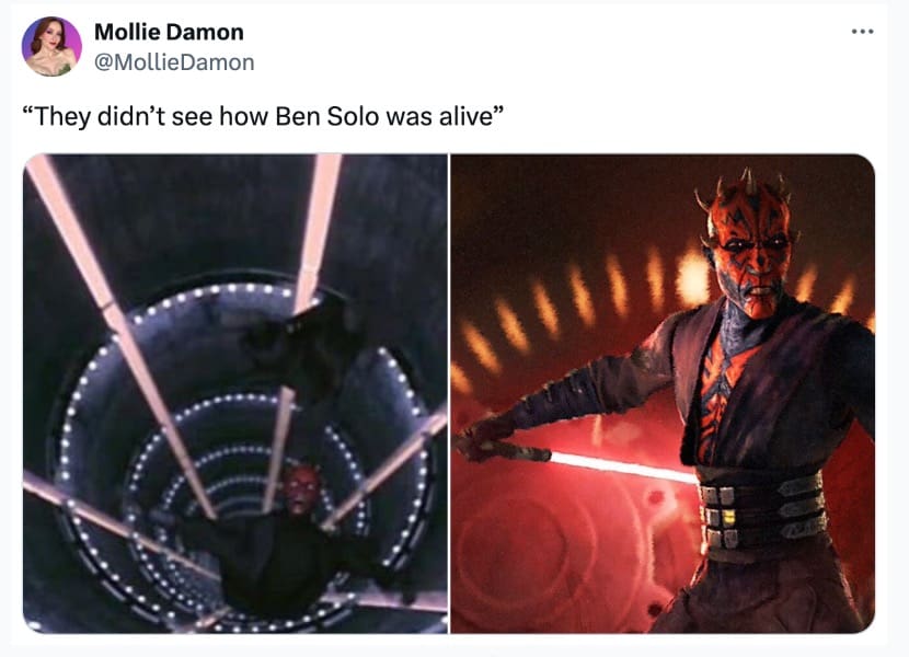 A Hunt for Ben Solo meme comparing Ben Solo's potential survival to Darth Maul surviving being cut in half.