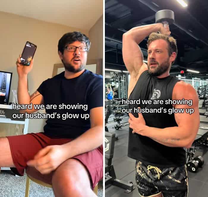 A man's incredible fitness glow up, from an average guy with glasses to a muscular man lifting weights.