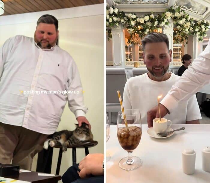 A before-and-after photo showing a man's successful weight loss journey and his dapper new style.