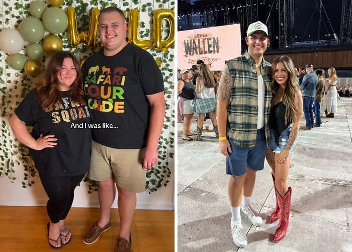A before-and-after photo of a couple, highlighting the husband's amazing weight loss and style glow up.