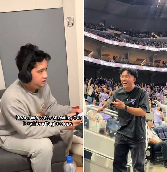 A man's transformation from a quiet guy wearing headphones on a couch to an outgoing man at a concert.
