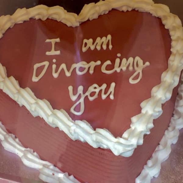 A pink heart-shaped cake with white frosting border and the message "I am Divorcing you" written on top.