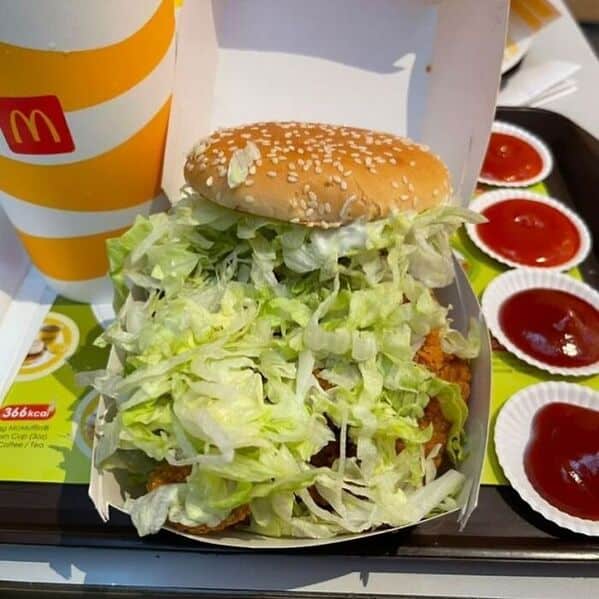 A picture of a McDonald's chicken sandwich that has been absolutely buried under a mountain of shredded lettuce.