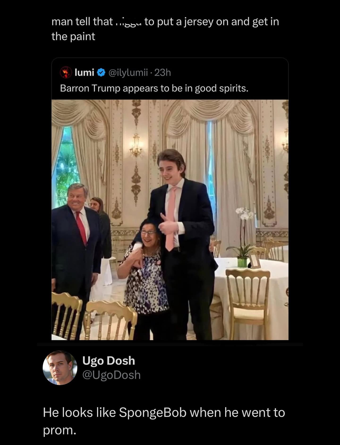A funny meme showing various roasts of Barron Trump's height, including a comparison to SpongeBob's prom outfit.