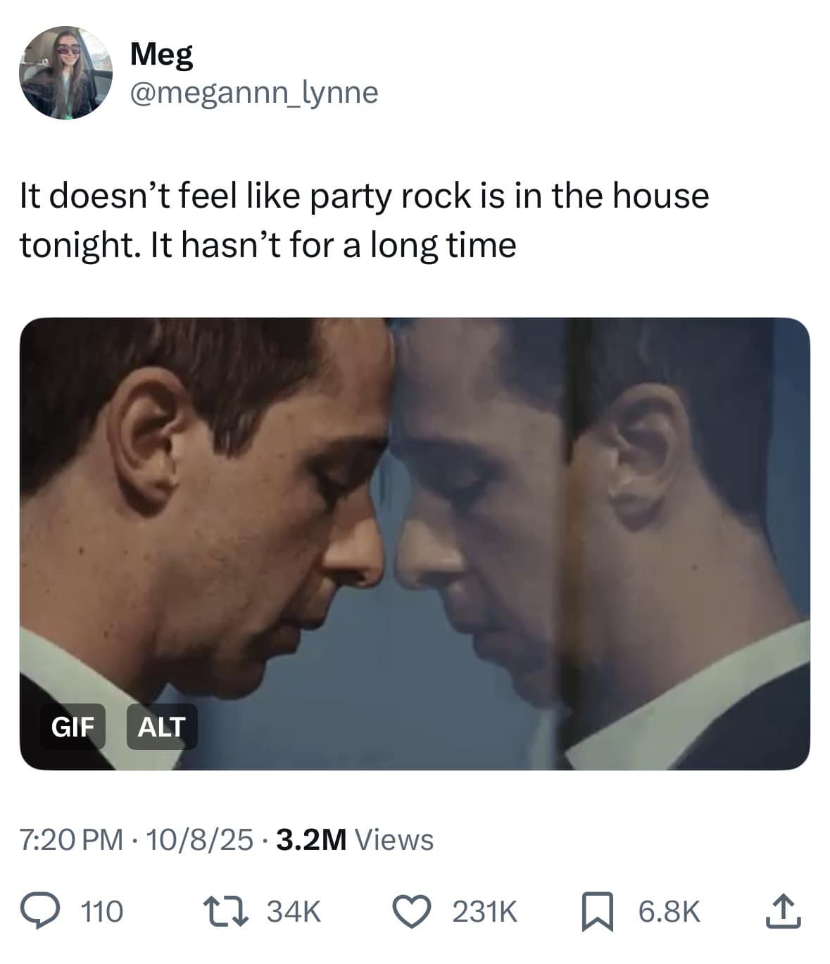 A funny meme that uses a sad GIF to joke about "Party Rock Anthem" lyrics.