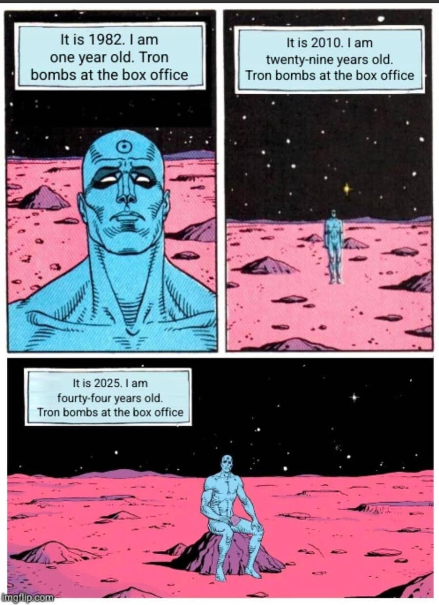 A hilarious meme using the 'Watchmen' comic format to joke about the 'Tron' movie franchise.