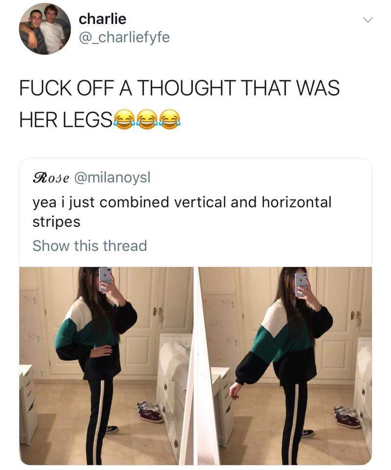 A funny meme showing an optical illusion where a woman's striped pants make her legs look impossibly thin.