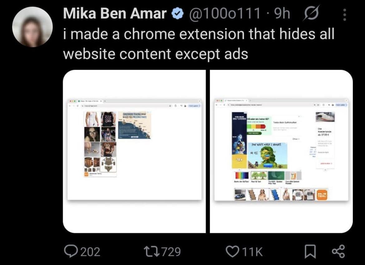 A funny meme about a satirical Chrome extension that only shows ads and hides content.
