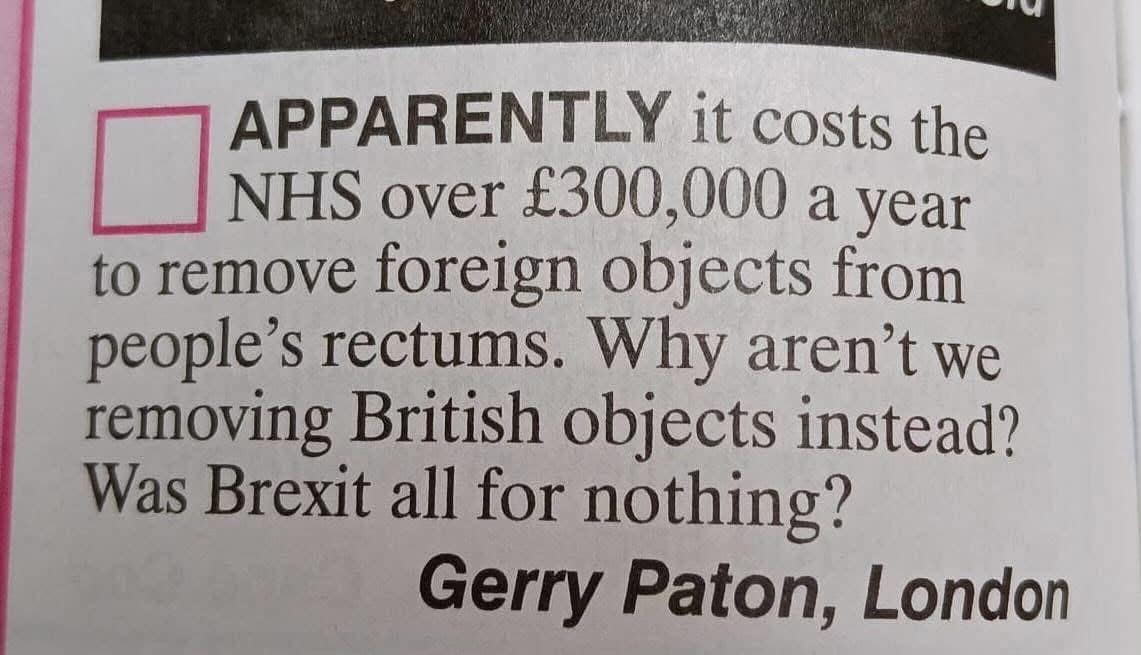 A funny meme of a satirical letter to a magazine with a sharp political joke about Brexit.