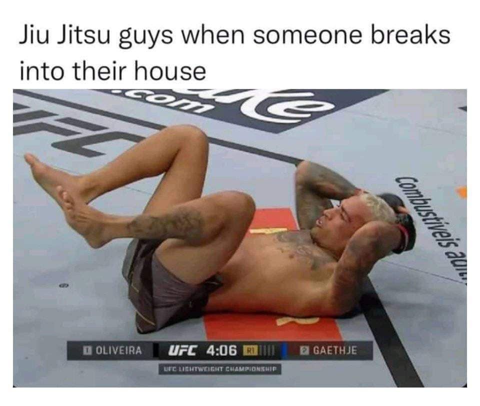 A hilarious meme poking fun at Jiu Jitsu fighters with a picture of a UFC fighter on his back.