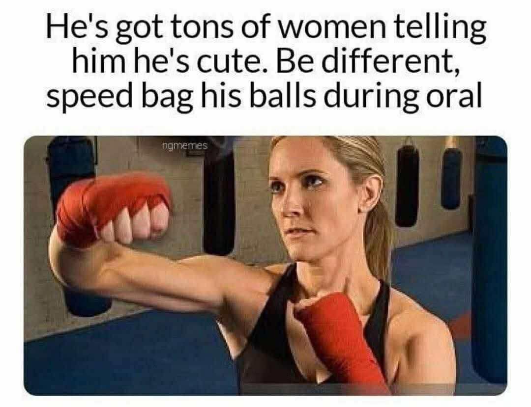 A funny meme that offers some very aggressive and unhinged dating advice involving a speed bag.