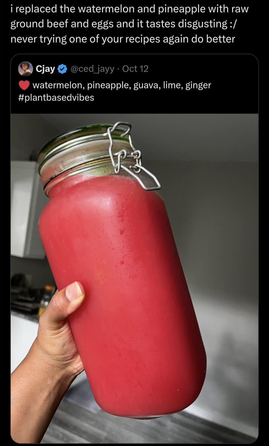 A hilarious meme screenshot of a recipe review gone horribly wrong with raw meat substitutions.