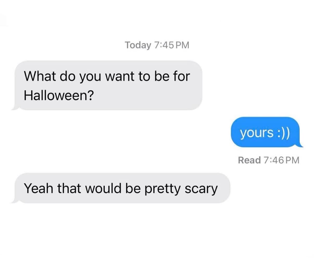 A funny meme of a text exchange where a flirty Halloween costume idea gets brutally rejected.