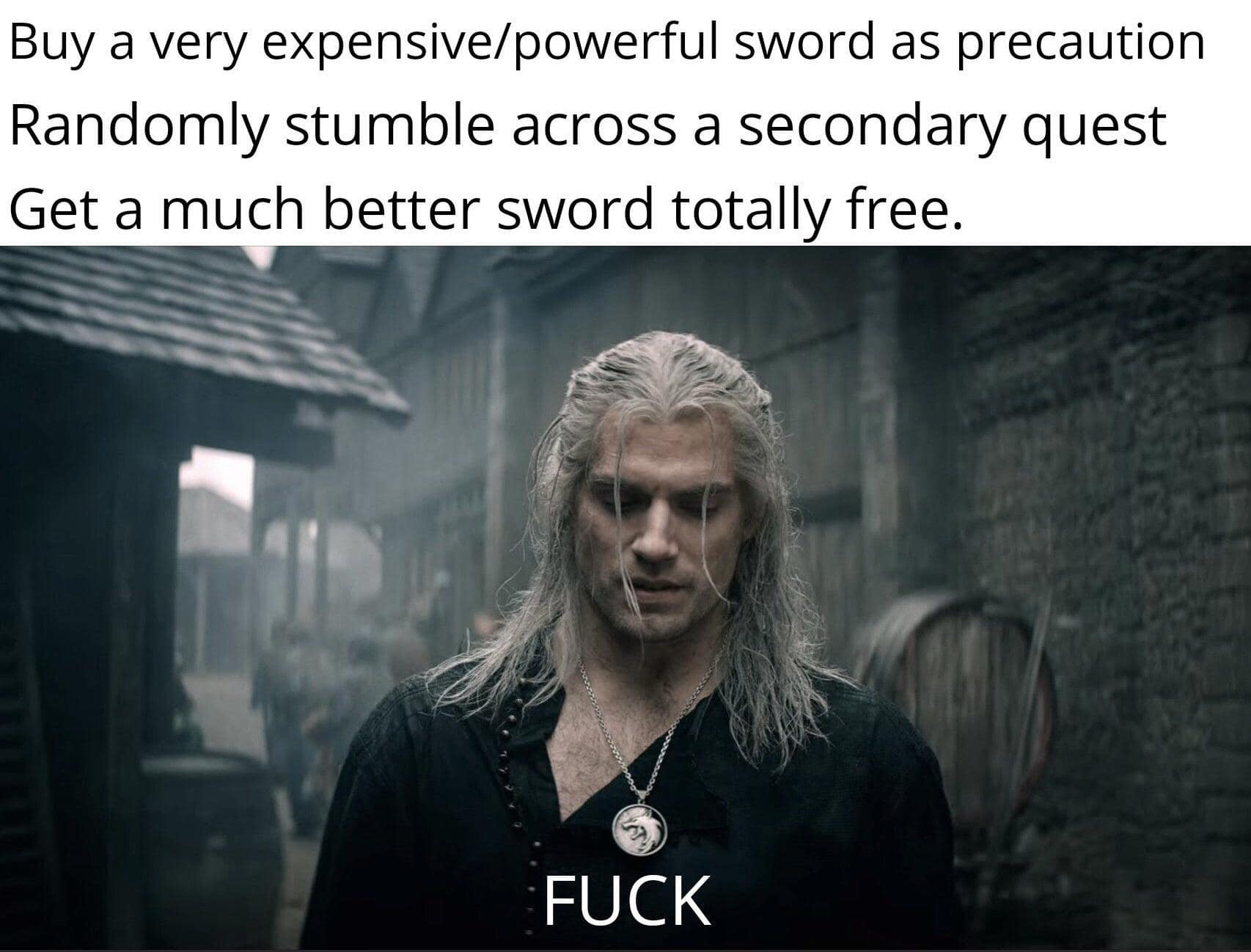 A hilarious meme using Geralt from The Witcher to show a gamer's frustration after finding a better sword for free right after buying one.