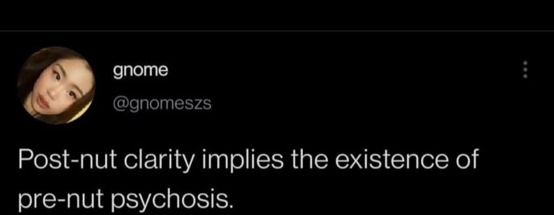 A hilarious meme tweet that uses logic to deduce that "post-nut clarity" implies the existence of "pre-nut psychosis."