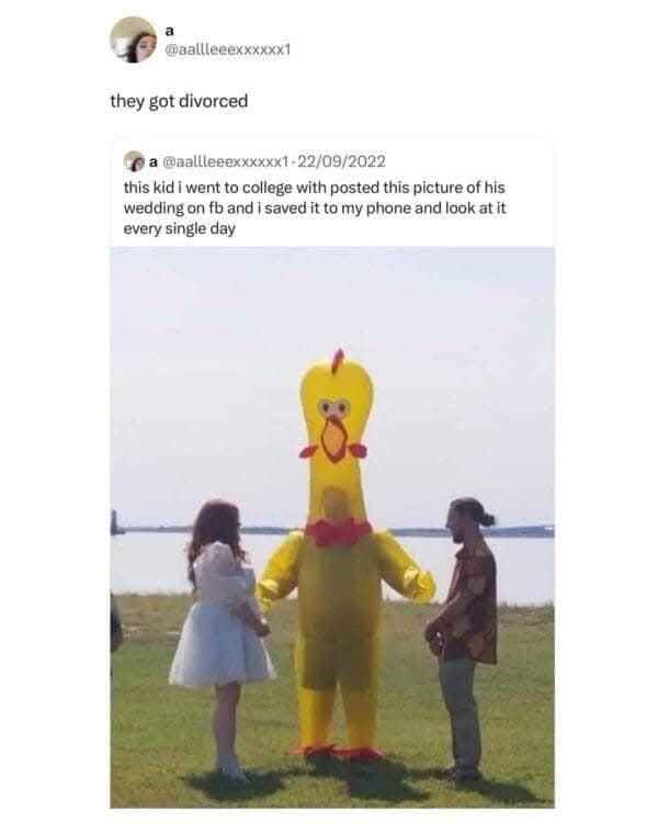 A hilarious meme of a wedding photo where the officiant is a person in an inflatable chicken costume, with a follow-up tweet saying the couple got divorced.