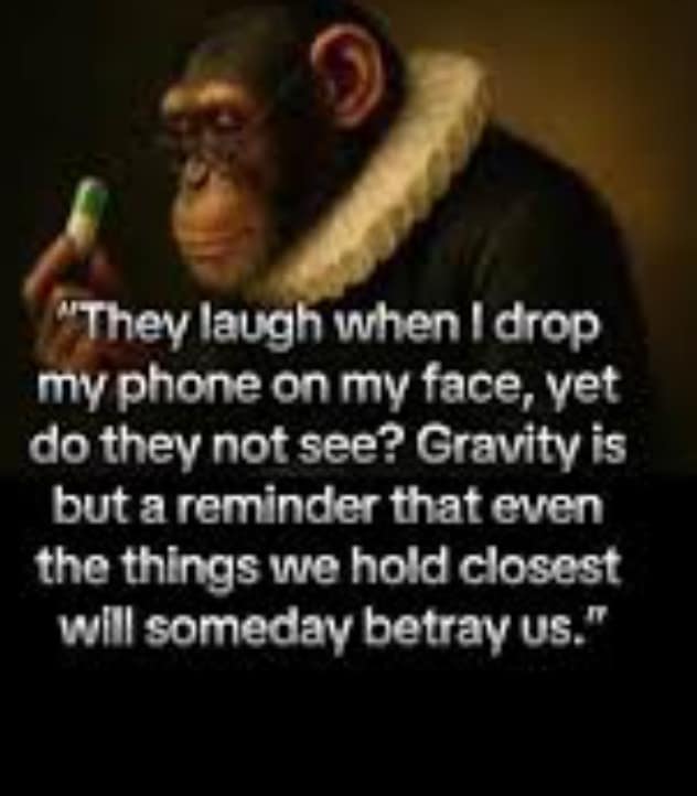 Philosophical monkey meme finding deep metaphorical meaning in the act of dropping a phone on one's face