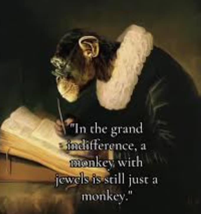 Philosophical monkey meme featuring a quote about a monkey with jewels still just being a monkey