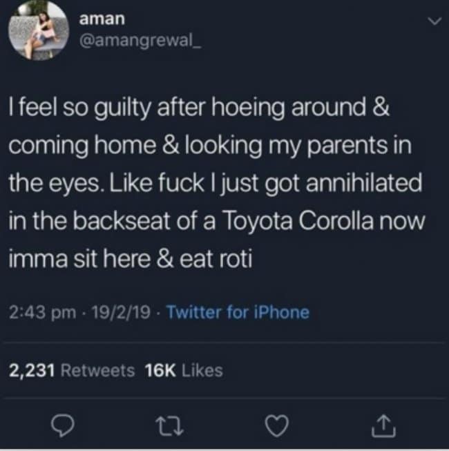 A funny tweet about the guilt of coming home to your parents after "hoeing around" in a Toyota.