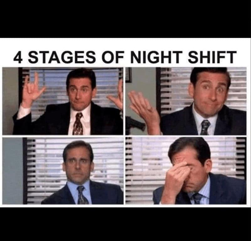 A funny The Office meme showing Michael Scott depicting the four emotional stages of working a night shift.