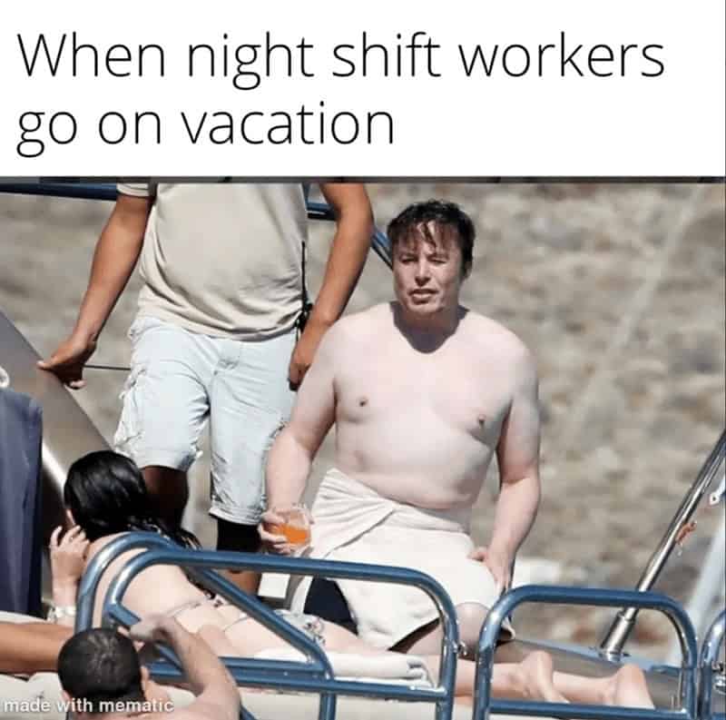A funny meme of pale Elon Musk on vacation representing how night shift workers look in the sun.