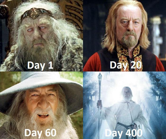 Lord of the Rings NoFap meme showing progressive transformation from weak King Théoden (Day 1) to powerful Gandalf (Day 400).