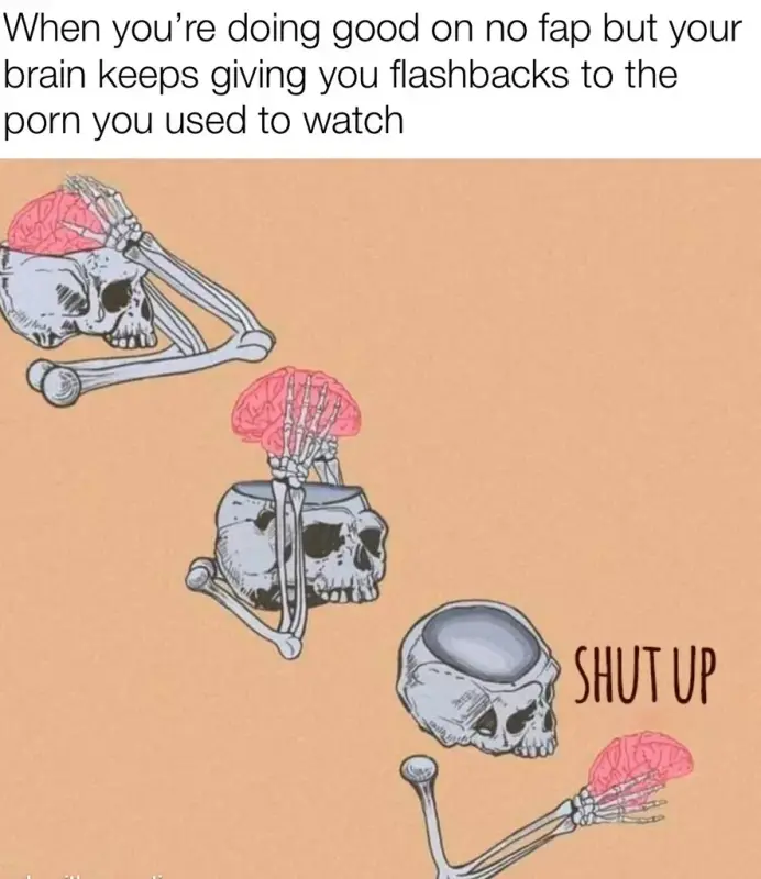 Funny NoFap meme comic of a skeleton silencing its brain to stop intrusive porn flashbacks while trying to abstain.
