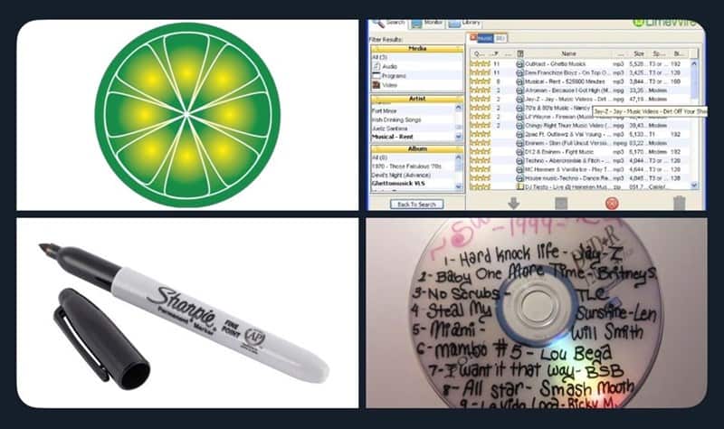 Nostalgic pic starter pack showing the Limewire, Sharpie, and burned CD ritual of the 2000s
