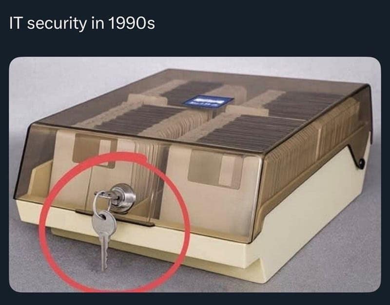 Hilarious 90s IT security nostalgic pic showing a lockable floppy disk holder
