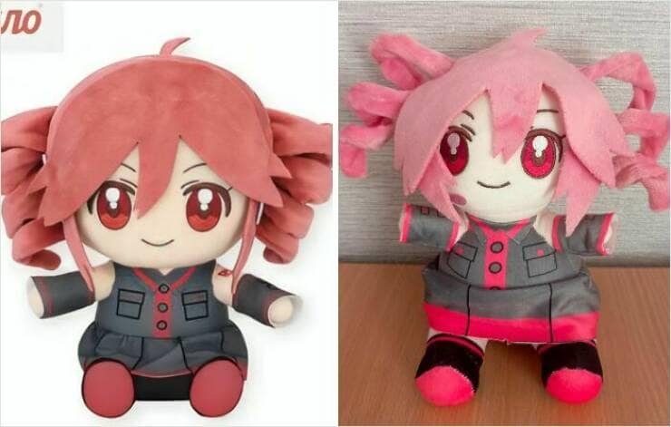 Poorly made pink-haired anime character plush toy compared to the advertised high-quality version online shopping fail.