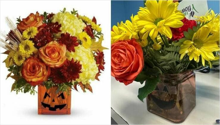 Disappointing Halloween flower bouquet received compared to the full, festive arrangement in a pumpkin vase advertised online shopping fail.