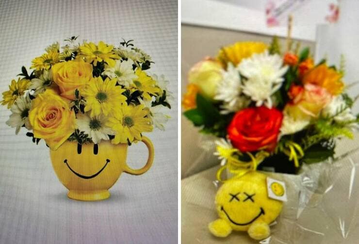 Cheerful smiley face mug flower arrangement advertised versus the creepy plush version received with dead eyes online shopping fail.