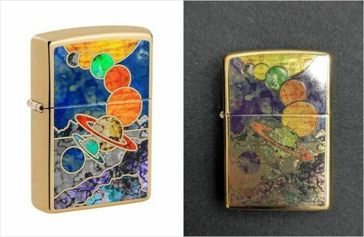 Vibrant planet and galaxy design Zippo lighter advertised compared to the faded, low-quality printed version received online shopping fail.