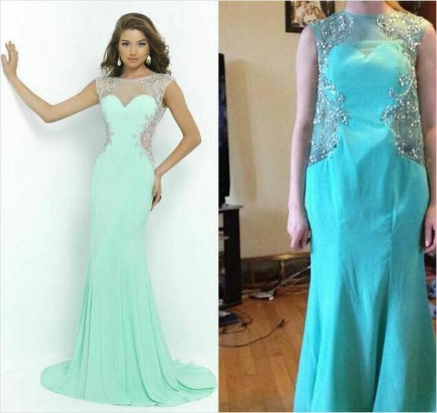 Stunning mint green formal gown advertised versus the ill-fitting, poorly constructed, cheap knock-off received online shopping fail.