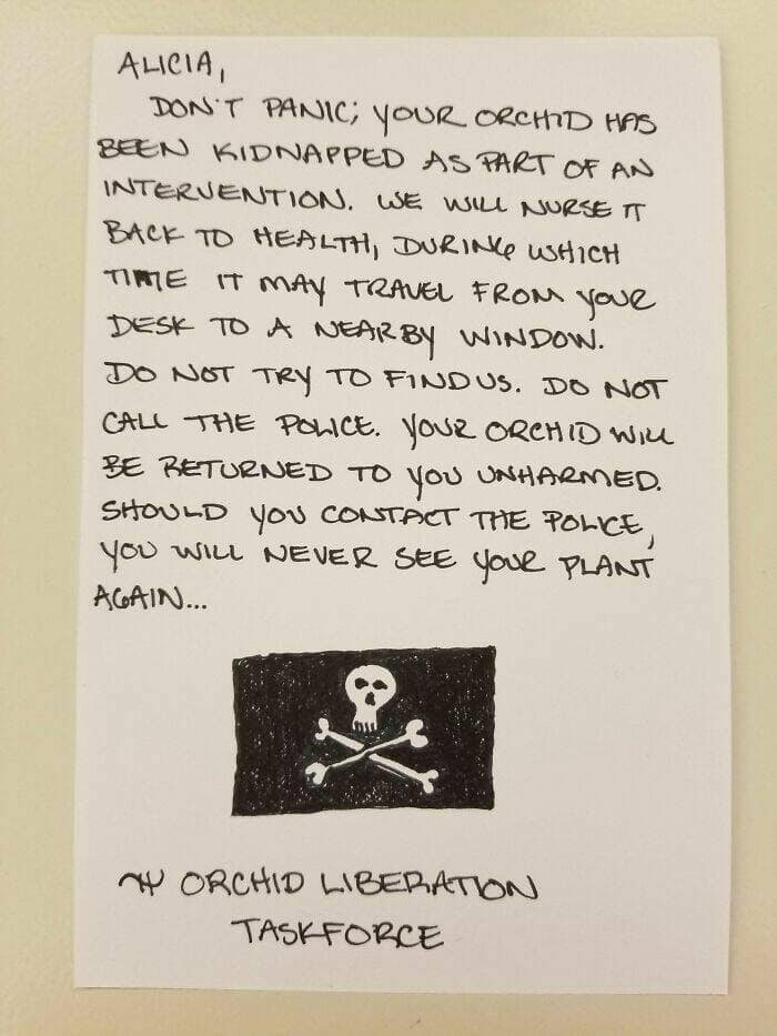 A funny office note from the "Orchid Liberation Taskforce" holding a coworker's plant for ransom.