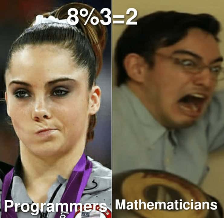 A programmer meme comparing the calm reaction of programmers to the modulo operator versus mathematicians.