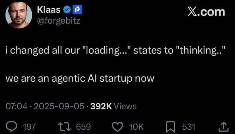 A funny programmer meme tweet about rebranding a simple "loading" message as an "AI startup."