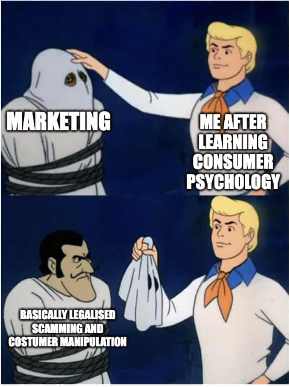 A psychology meme using the Scooby-Doo format to critique marketing as manipulation