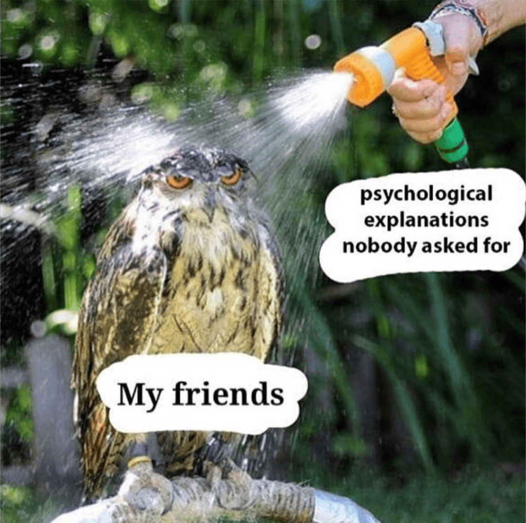 A relatable psychology meme about annoying friends with unsolicited psychological explanations using an owl.