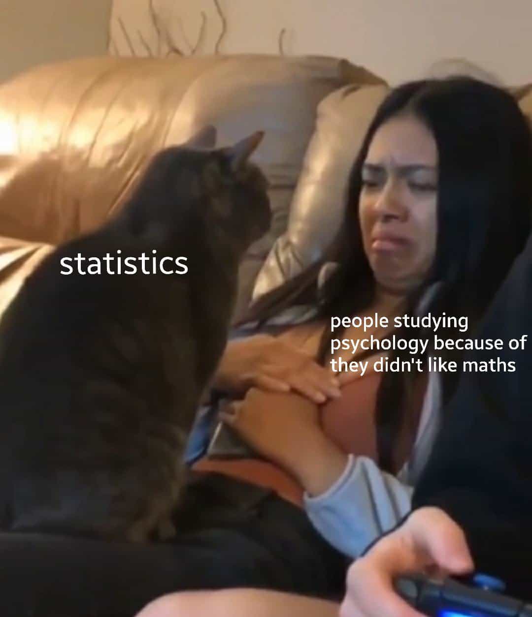 A psychology meme showing the rude awakening students get when they encounter statistics in their major.