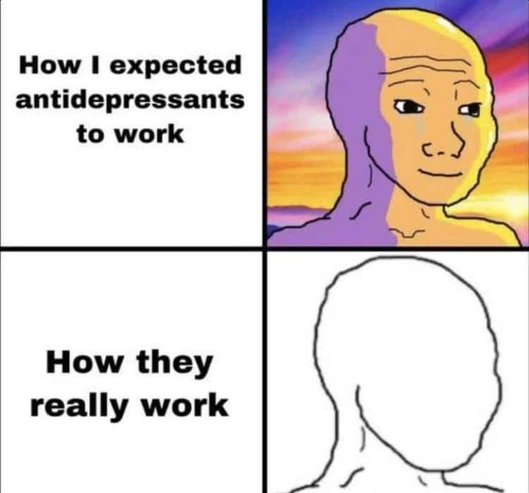 A dark humor psychology meme comparing the expectation vs. reality of how antidepressants work.