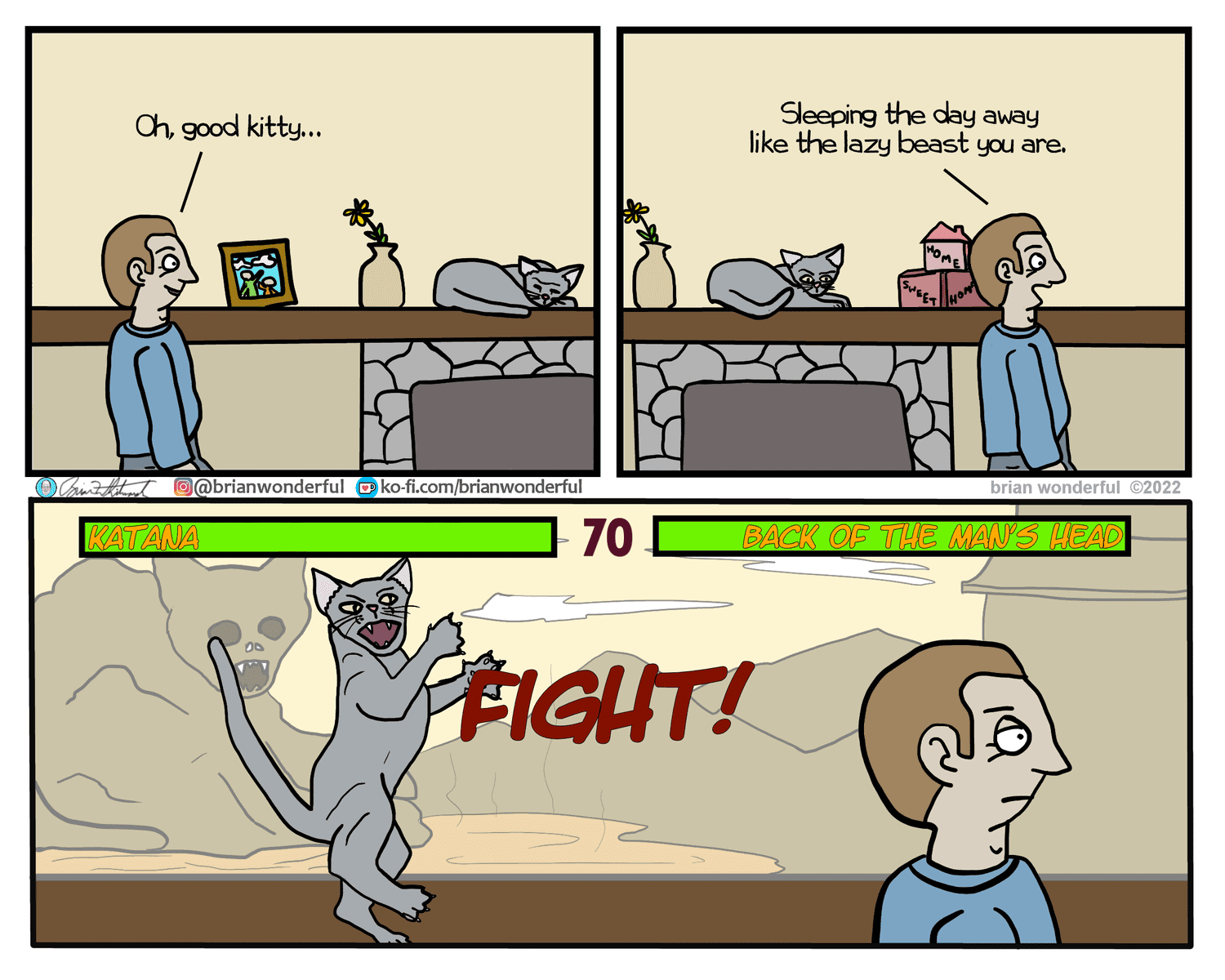 A relatable comic for cat owners, showing a cat secretly imagining a video game fight with its owner.